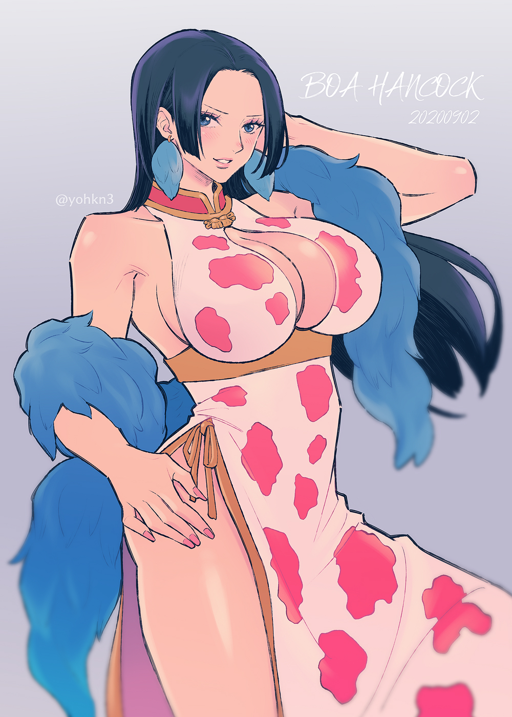 1girl armpit_peek black_hair blue_eyes blue_scarf blush boa_hancock breasts character_name dress earrings highres jewelry large_breasts long_hair looking_at_viewer one_piece open_mouth pink_nails scarf sideboob solo thighs twitter_username under_boob youkan_(tako)