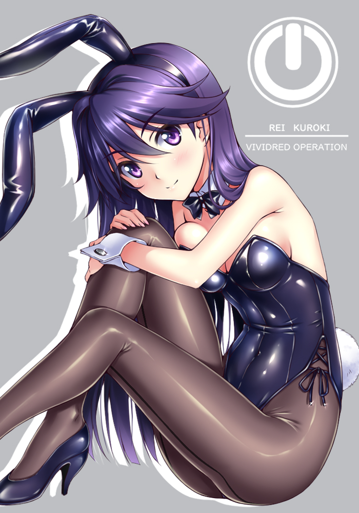 1girl animal_ears black_footwear black_legwear black_leotard black_neckwear bow bowtie bunny_tail character_name commentary_request copyright_name detached_collar grey_background high_heels kuroki_rei leotard looking_at_viewer nonbe pantyhose playboy_bunny power_symbol purple_hair rabbit_ears sitting smile solo strapless strapless_leotard tail violet_eyes vividred_operation wrist_cuffs