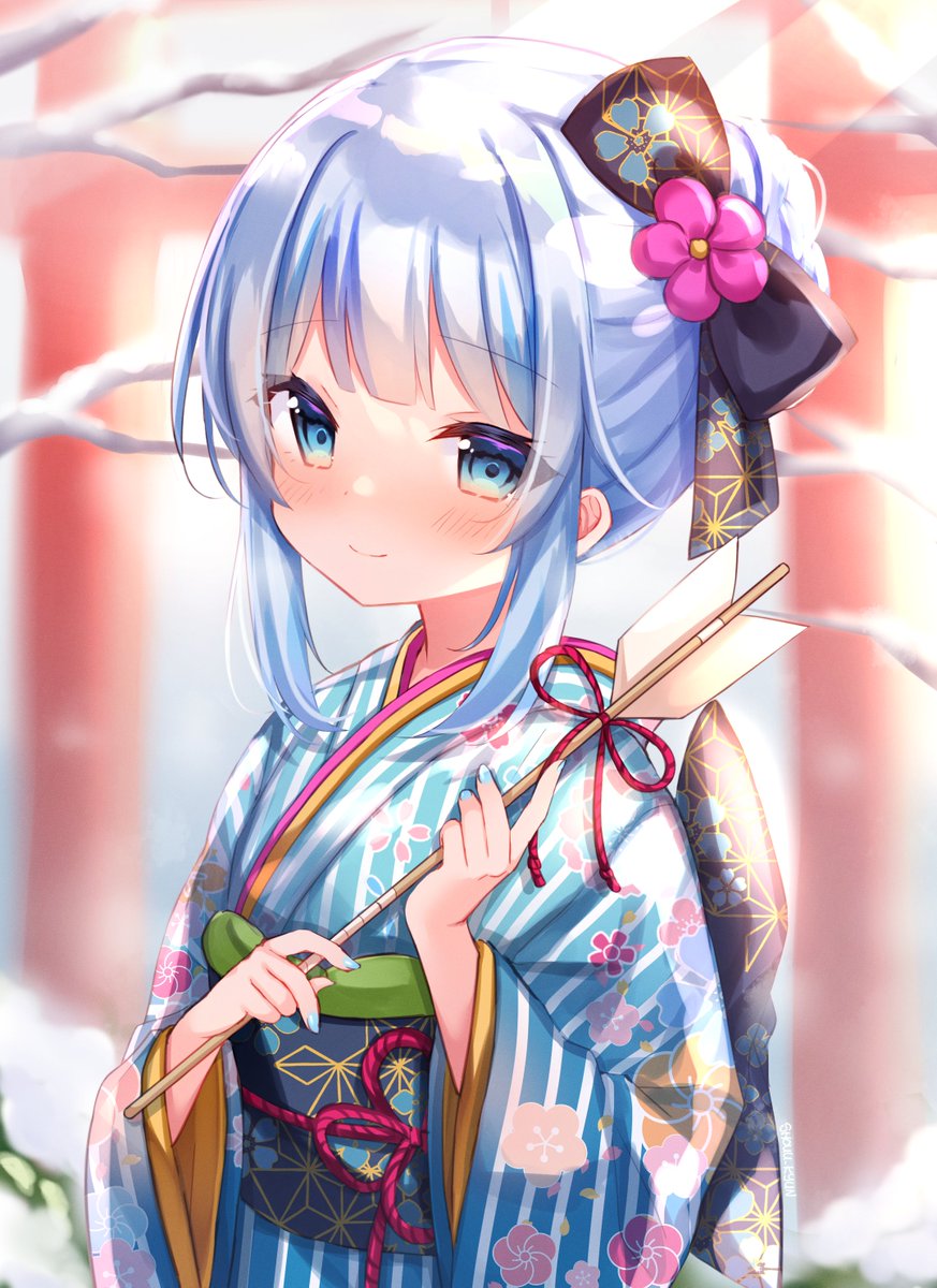 1girl alternate_costume alternate_hairstyle arrow_(projectile) bangs black_bow blue_hair blush bow eyebrows_visible_through_hair flower gawr_gura hair_behind_ear hair_bow hair_bun hair_flower hair_ornament highres holding holding_arrow hololive hololive_english japanese_clothes kimono looking_at_viewer purple_flower shouu-kun smile solo virtual_youtuber yukata