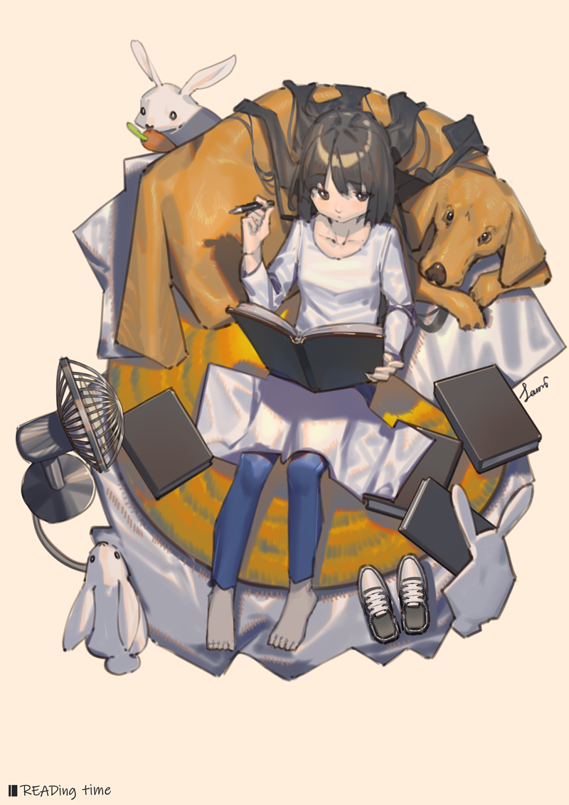 1girl barefoot black_hair blue_pants book brown_dog carrot dog fan lanzi_(415460661) long_hair long_sleeves original pants pen rabbit rug shadow shirt shoes_removed signature solo white_shirt wide_shot