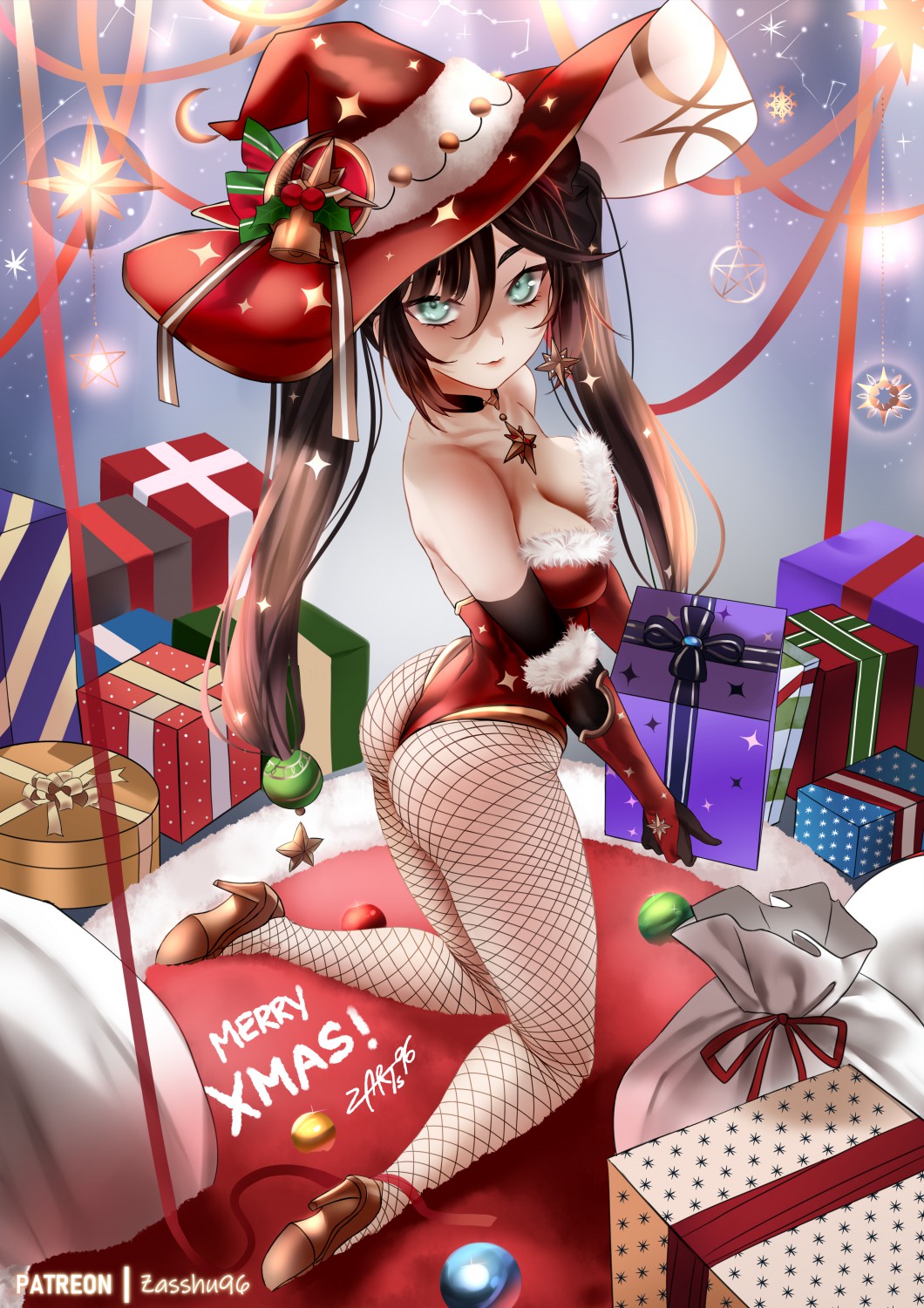 1girl ass bare_shoulders black_gloves black_hair box breasts christmas detached_sleeves elbow_gloves fishnet_legwear fishnets genshin_impact gift gift_box gloves gold_trim green_eyes hat high_heels highleg highleg_leotard highres kneeling leotard long_hair looking_at_viewer medium_breasts mona_(genshin_impact) red_headwear red_leotard twintails witch_hat zasshu