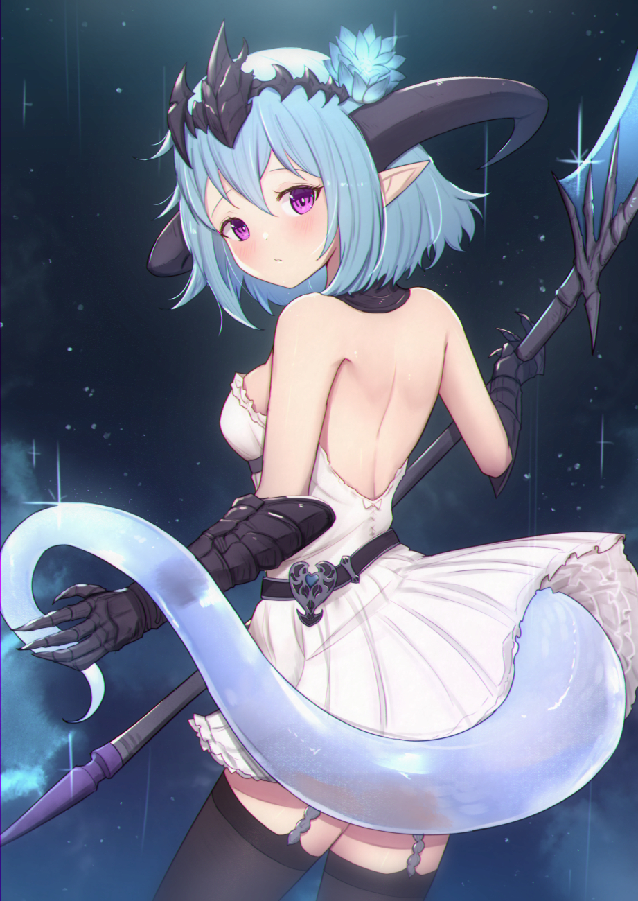 1girl bangs bare_shoulders black_legwear blue_flower blue_hair blush breasts closed_mouth commentary_request curled_horns dragon_girl dragon_horns dragon_tail dress eyebrows_visible_through_hair flower from_behind garter_straps gauntlets granblue_fantasy hair_between_eyes hair_flower hair_ornament headpiece highres holding holding_weapon horns looking_at_viewer looking_back pointy_ears revision shadowverse short_hair small_breasts solo strapless strapless_dress tail thigh-highs uneg violet_eyes weapon white_dress whitefrost_dragonewt_filene