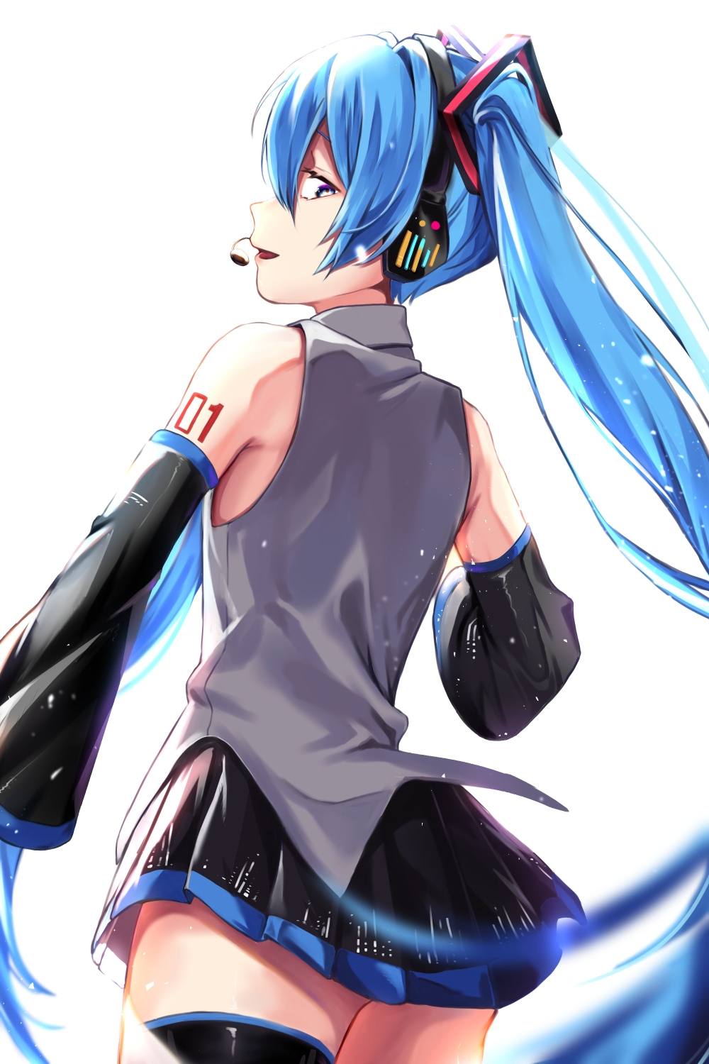 1girl bare_shoulders black_legwear black_skirt black_sleeves blue_eyes blue_hair commentary detached_sleeves from_behind grey_shirt hair_ornament hatsune_miku headphones headset highres long_hair looking_at_viewer looking_back miniskirt mukuro_usss open_mouth pleated_skirt shirt shoulder_tattoo skirt sleeveless sleeveless_shirt smile solo symbol_commentary tattoo thigh-highs twintails very_long_hair vocaloid white_background zettai_ryouiki