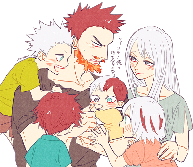 2girls baby beard biting boku_no_hero_academia brother_and_sister child facial_hair family finger_biting fire grey_eyes heterochromia imai_(wana) long_hair lying_on_person multicolored_hair multiple_boys multiple_girls redhead short_hair siblings signature simple_background smile spiky_hair todoroki_enji todoroki_fuyumi todoroki_natsuo todoroki_rei todoroki_shouto todoroki_touya white_background white_hair younger