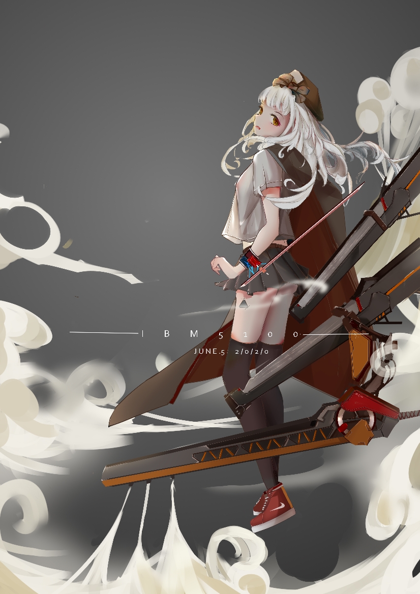 1girl arknights artist_name bangs black_legwear breasts commentary_request dated english_text hat ibm5100_(artist) long_hair looking_at_viewer nike original pleated_skirt red_eyes red_footwear short_sleeves silver_hair simple_background skirt solo