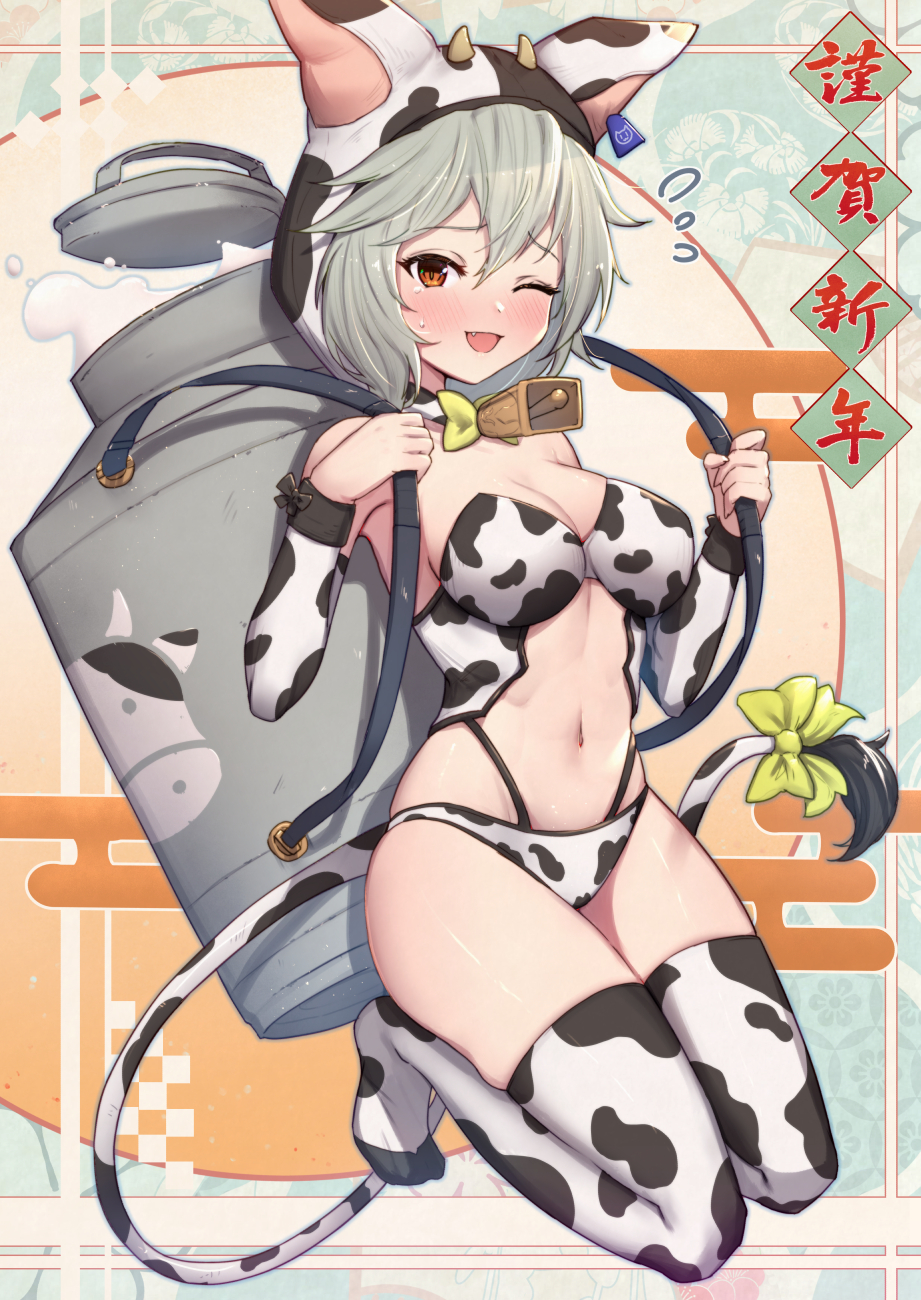 1girl ;d animal_hood animal_print armpits bare_shoulders bell bikini bow bowtie breasts carrying chinese_zodiac choker commentary_request cow_hood cow_print cow_tail cowbell detached_sleeves egasumi fang granblue_fantasy grey_hair hands_up happy_new_year highres hood kneeling long_sleeves looking_at_viewer medium_breasts midriff milk navel new_year one_eye_closed open_mouth orange_eyes revision sen_(granblue_fantasy) short_hair smile solo stomach sweatdrop swimsuit tail tail_bow tail_ornament thigh-highs thighs uneg white_bikini white_legwear year_of_the_ox zodiac