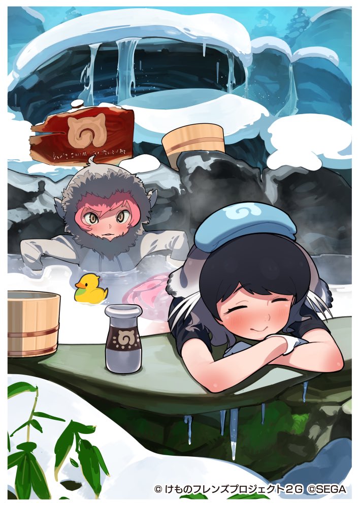 animal_ears baikal_seal_(kemono_friends) black_hair blush bottle commentary_request gloves hood hood_up japanese_macaque_(kemono_friends) kazue_nishiki kemono_friends kemono_friends_3:_planet_tours milk_bottle monkey_ears monkey_girl official_art onsen park partially_submerged redhead rubber_duck short_hair towel towel_on_head whiskers white_gloves