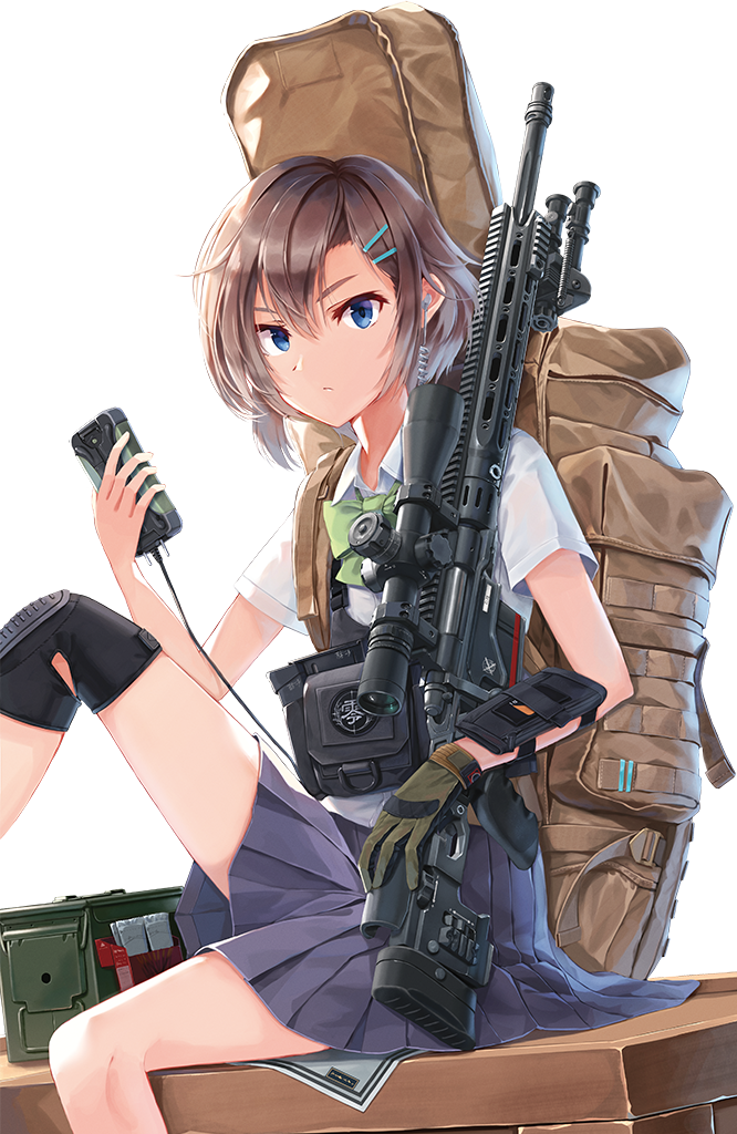 1girl ammo_box arm_guards background_text backpack bag bangs blue_eyes blue_skirt bow bowtie brown_gloves brown_hair bulletproof_vest cellphone closed_mouth dreadtie dress_shirt earpiece gloves green_neckwear gun hair_ornament hairclip holding holding_gun holding_phone holding_weapon knee_pads knee_up light_frown little_armory looking_at_viewer miniskirt nirei_koharu official_art phone pleated_skirt rifle school_uniform scope shirt short_hair short_sleeves simple_background single_glove sitting skirt smartphone sniper_rifle sniper_scope solo textless weapon white_background white_shirt wing_collar xm2010