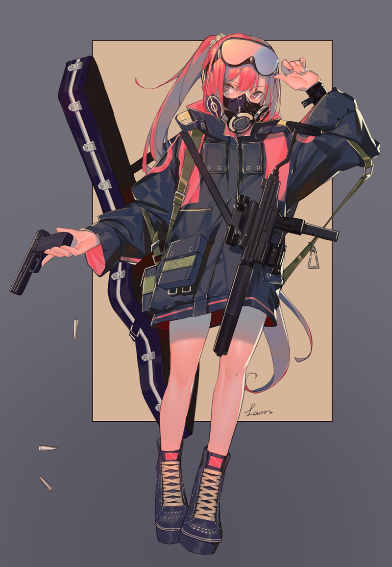 1girl black_coat black_footwear bullet coat covered_mouth full_body goggles goggles_on_head gun hand_up holding holding_gun holding_weapon instrument_case lanzi_(415460661) long_hair long_sleeves original pink_hair shoes signature solo standing very_long_hair weapon wide_sleeves