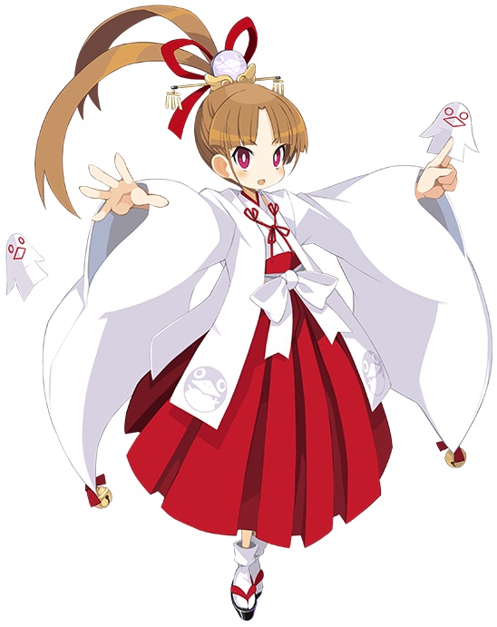 1girl antenna_hair bangs bright_pupils brown_hair disgaea disgaea_rpg full_body hakama hakama_skirt headdress holding japanese_clothes long_hair long_sleeves official_art open_mouth outstretched_arms red_eyes red_hakama sandals sicily_(disgaea) simple_background solo spread_arms tabi white_background white_legwear wide_sleeves