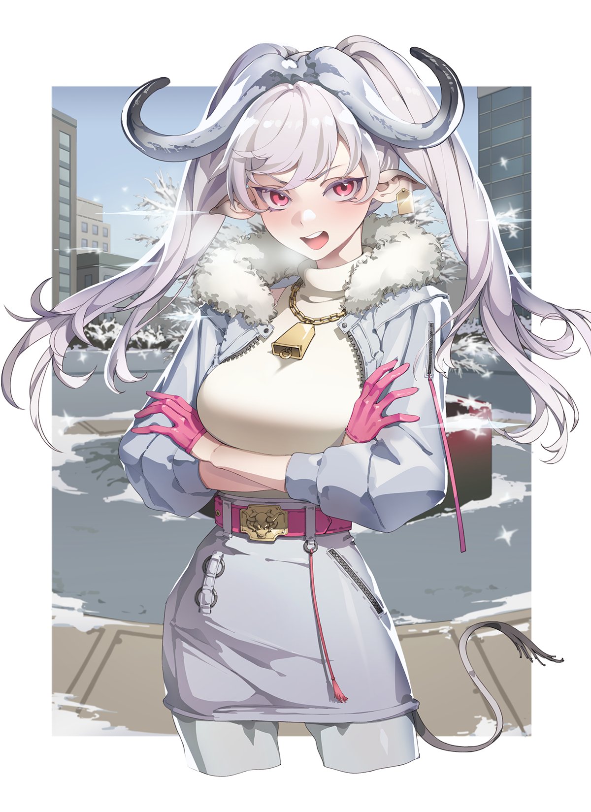 1girl bell belt breasts breath city cowbell crossed_arms fur-trimmed_jacket fur_trim gloves highres horns jacket jewelry large_breasts looking_at_viewer necklace open_mouth original ox_ears ox_girl ox_horns pants pink_eyes pink_gloves round_teeth silver_hair skirt sleeveless sleeveless_turtleneck snow solo tail teeth turtleneck twintails zzzearly