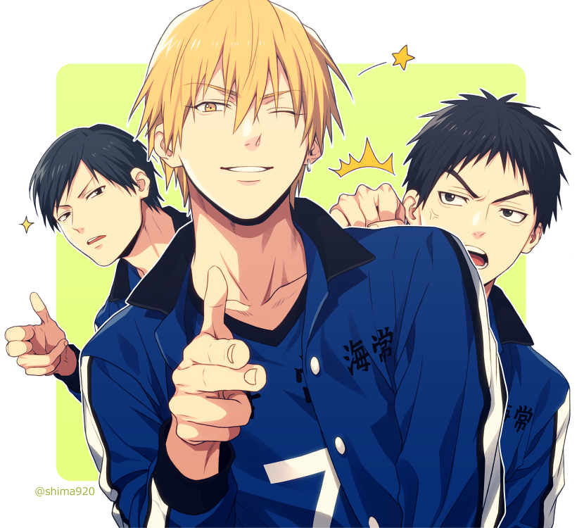 3boys ;) ^^^ anger_vein angry bangs basketball_uniform black_eyes black_hair blonde_hair blue_jacket blue_shirt clenched_hand clothes_writing collarbone commentary_request finger_gun green_background hair_between_eyes jacket jewelry kasamatsu_yukio kise_ryouta kuroko_no_basuke looking_at_viewer male_focus mashima_shima moriyama_yoshitaka multiple_boys number one_eye_closed open_clothes open_jacket parted_lips pointing pointing_at_viewer punching shirt short_hair single_earring smile sportswear star_(symbol) teeth track_jacket twitter_username two-tone_background upper_body upper_teeth white_background yellow_eyes