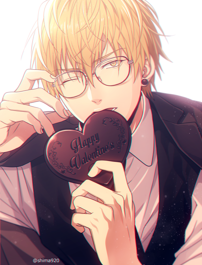 1boy backlighting bangs bespectacled black_jacket black_vest blonde_hair candy chocolate chocolate_heart collared_shirt commentary_request ear_piercing english_text fingernails food food_in_mouth glasses hair_between_eyes hand_up happy_valentine heart jacket jacket_on_shoulders kise_ryouta kuroko_no_basuke lower_teeth male_focus mashima_shima mouth_hold piercing shiny shiny_hair shirt short_hair simple_background solo twitter_username upper_body valentine vest white_background white_shirt yellow_eyes