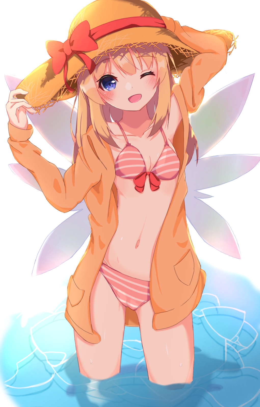 1girl ;d adjusting_clothes adjusting_headwear arm_up backlighting bangs bikini blonde_hair blue_eyes bow bow_bikini breasts brown_headwear eyebrows_visible_through_hair fairy fairy_wings hand_on_headwear hat hat_bow highres iroha_(pcrx7327) lily_white long_hair long_sleeves looking_at_viewer navel no_pants one_eye_closed open_clothes open_mouth open_shirt pink_bikini red_bow shirt small_breasts smile solo standing straw_hat striped striped_bikini sun_hat swimsuit swimwear touhou wading water wings yellow_shirt