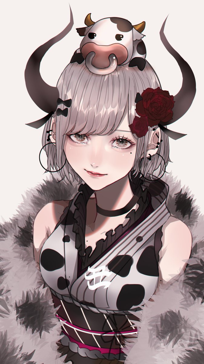 1girl animal_print bangs cow_print ear_piercing earrings flower fur_coat gradient gradient_background grey_eyes grey_hair highres hoop_earrings japanese_clothes jewelry kimono looking_at_viewer mano_aaa mole mole_under_eye obi original piercing red_flower red_rose rose sash smile solo stuffed_cow yukata