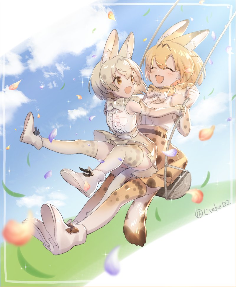 2girls animal_ears bare_shoulders blonde_hair blush boots bow bowtie center_frills closed_eyes ctake02 elbow_gloves extra_ears eyebrows_visible_through_hair frills gloves high-waist_skirt kemono_friends kemono_friends_3 looking_at_another mucchiri_shiitake multicolored_hair multiple_girls open_mouth petals print_gloves print_legwear print_neckwear print_skirt serval_(kemono_friends) serval_ears serval_girl serval_print serval_tail shirt short_hair sitting sitting_on_lap sitting_on_person skirt sleeveless swing tail thigh-highs white_footwear white_hair white_serval_(kemono_friends) white_shirt yellow_eyes zettai_ryouiki