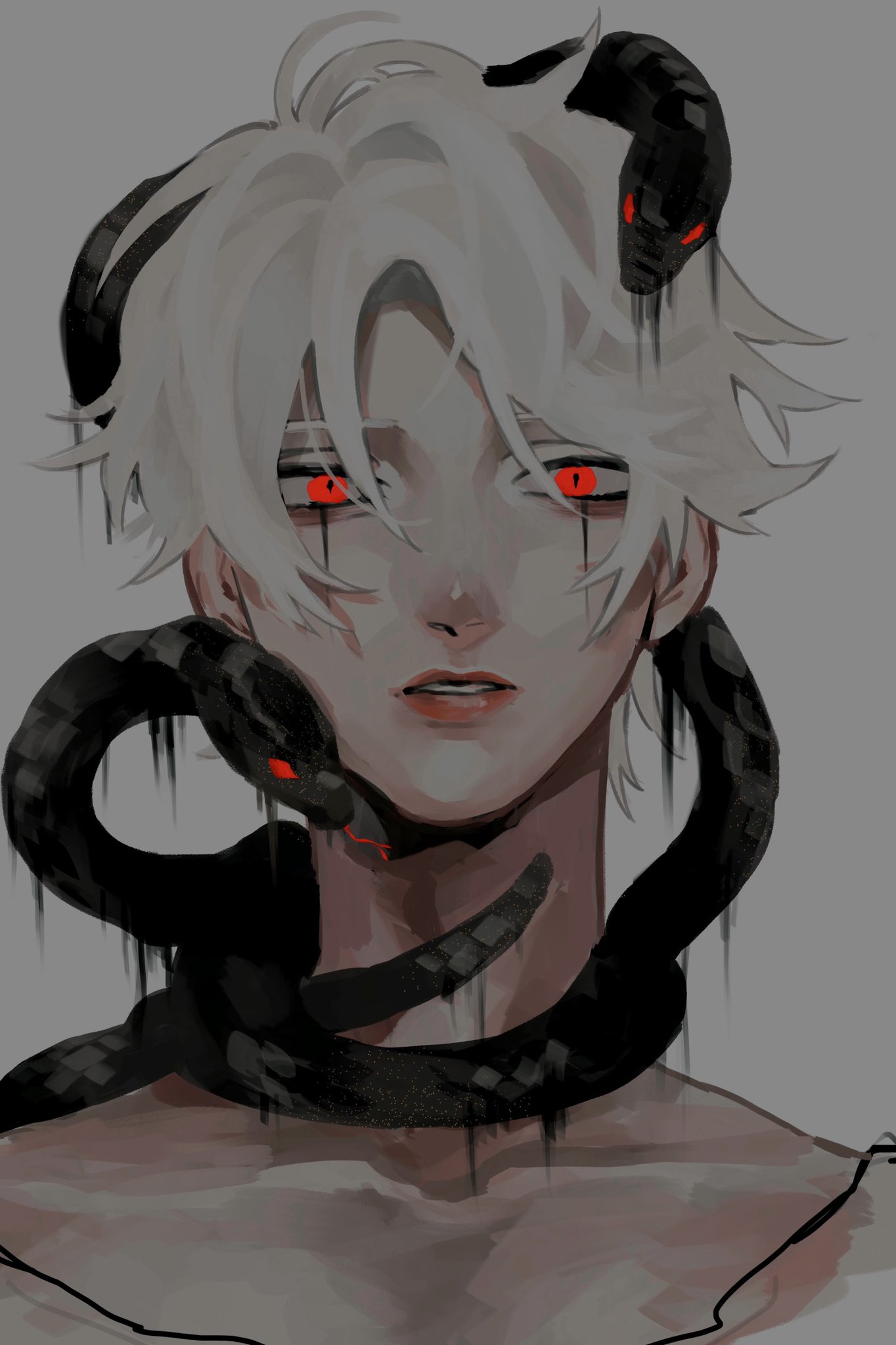 1boy animal animal_around_neck black_snake collarbone dripping facial_mark grey_background grey_hair highres male_focus original painterly parted_lips red_eyes red_lips shadow simple_background sketch snake solo sriokorr tongue tongue_out