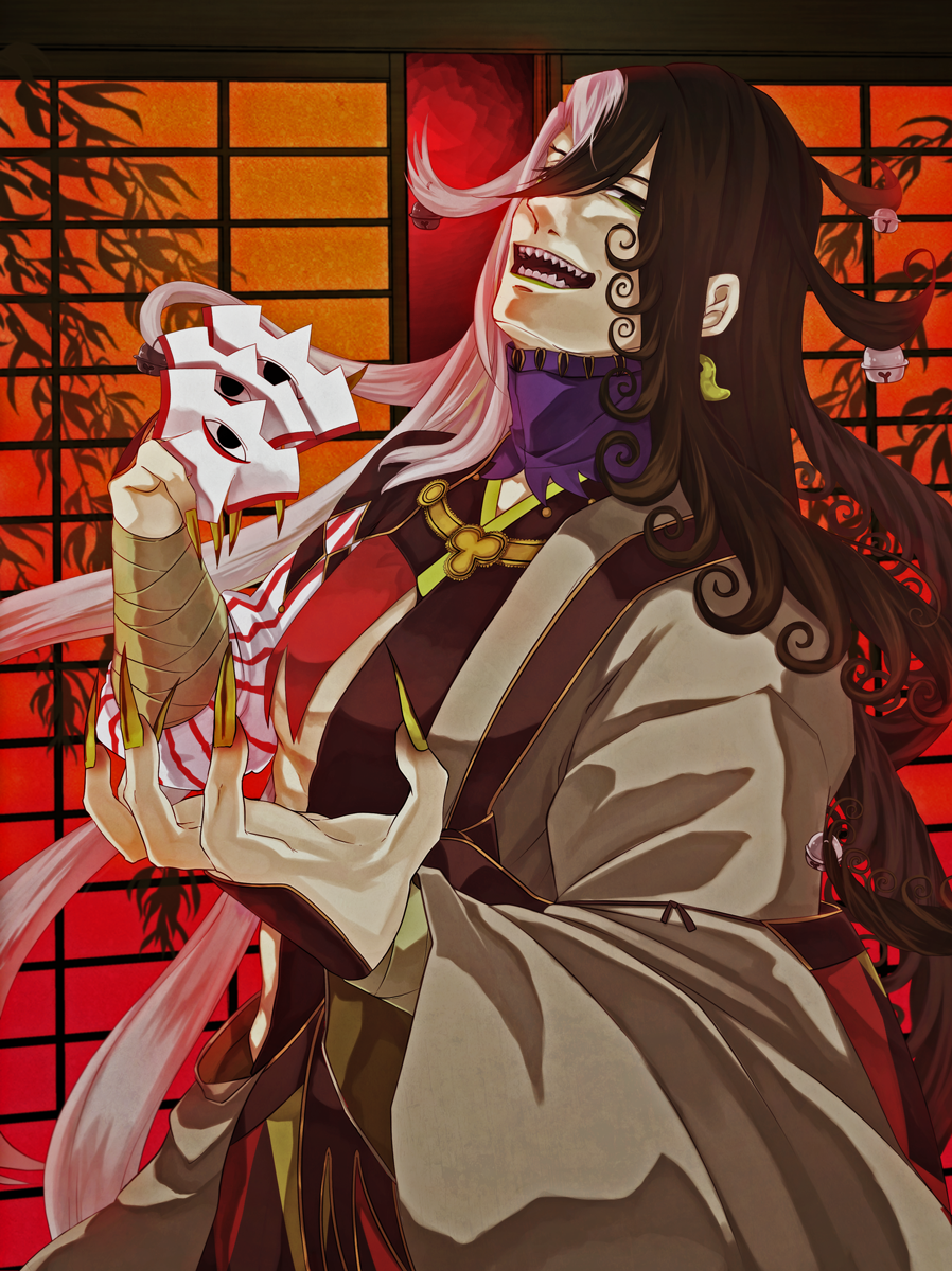 1boy ashiya_douman_(fate) asymmetrical_clothes asymmetrical_hair bell black_eyes black_hair curly_hair earrings evil_grin evil_smile fate/grand_order fate_(series) fingernails green_eyeshadow green_kimono green_lipstick green_nails grin hair_bell hair_between_eyes hair_intakes hair_ornament highres holding japanese_clothes jewelry kimono kukoro_(caramel56) laughing leaning_back lipstick long_hair magatama magatama_earrings makeup male_focus multicolored_hair open_clothes open_hand open_kimono pale_skin ribbed_sleeves sharp_fingernails sharp_teeth shikigami smile solo teeth toned toned_male two-tone_hair upper_body very_long_fingernails very_long_hair white_hair