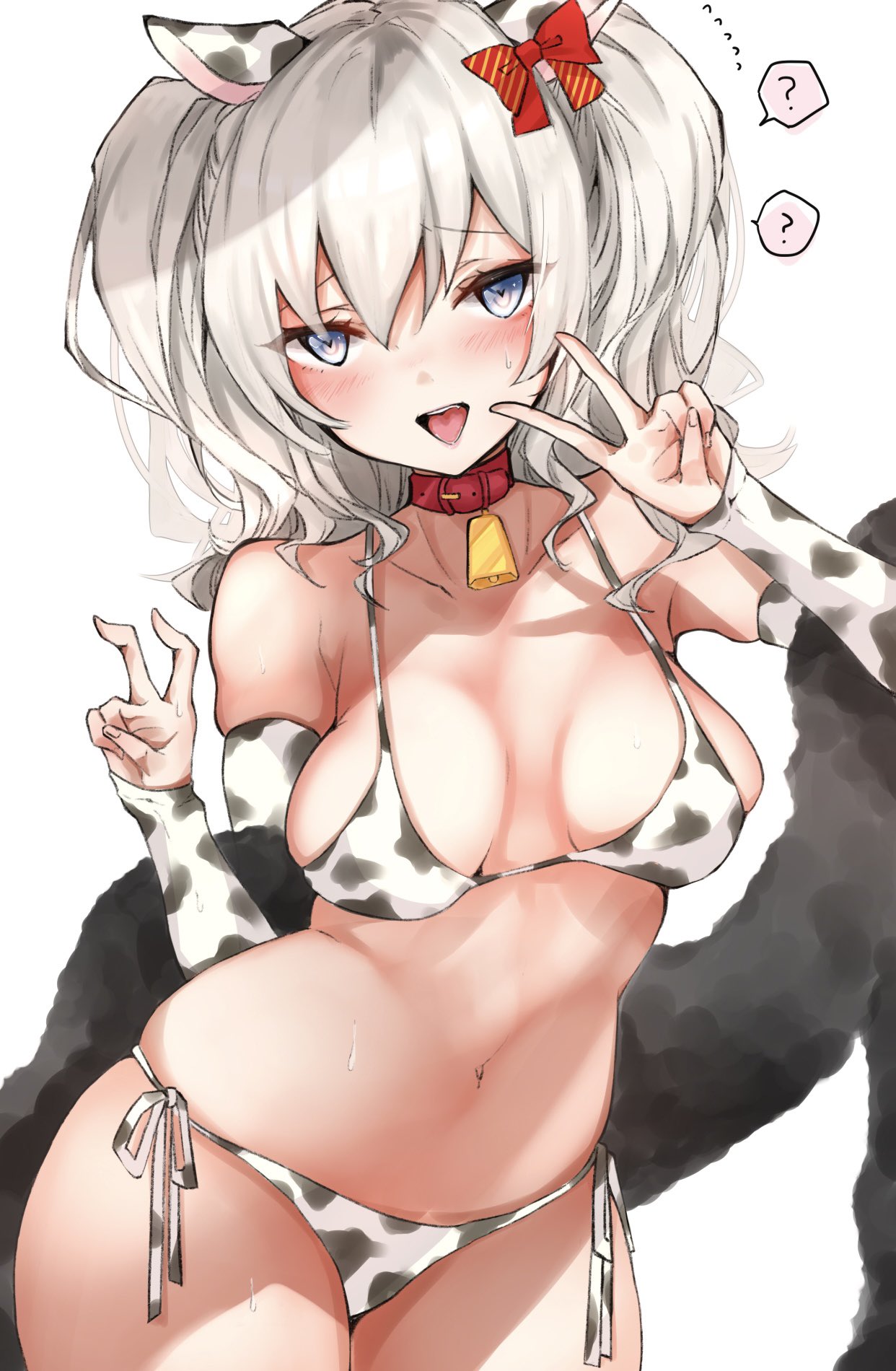 1girl ? alternate_costume animal_ears animal_print arm_warmers bangs bell bell_collar bikini blue_eyes blush breasts chigasaki_y chinese_zodiac collar cow_ears cow_print cowbell double_v eyebrows_visible_through_hair flying_sweatdrops hair_between_eyes heart heart-shaped_pupils highres kantai_collection kashima_(kantai_collection) large_breasts long_hair open_mouth red_collar side-tie_bikini silver_hair simple_background solo spoken_question_mark sweat swimsuit symbol-shaped_pupils twintails v wavy_hair white_background year_of_the_ox