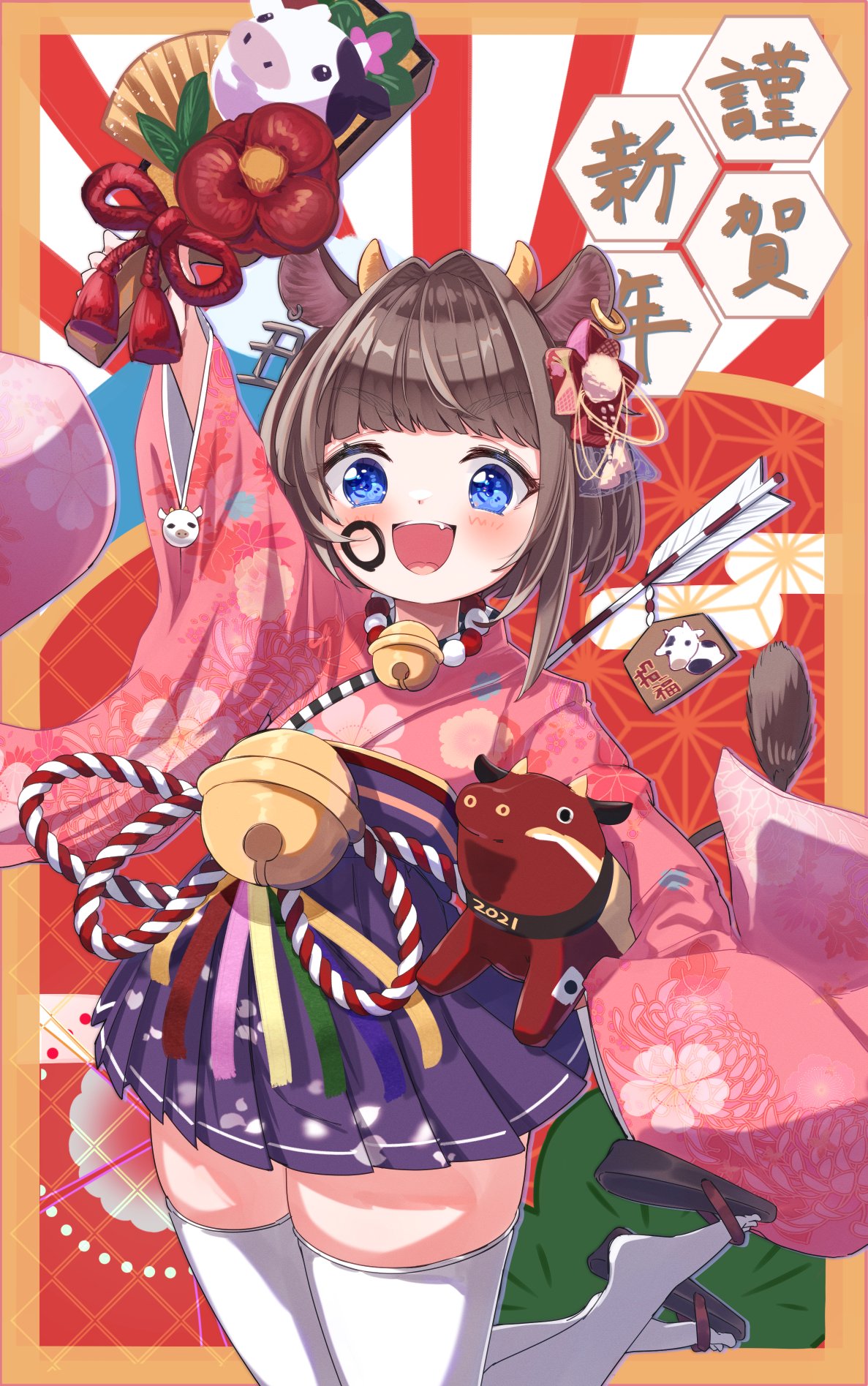 1girl 2021 :d animal_ears arrow_(projectile) bead_necklace beads bell blue_eyes blush brown_hair chinese_zodiac commentary_request cow_ears cow_girl cow_horns cow_tail facepaint fang floral_print hagoita hair_ornament hakama_skirt hamaya hanetsuki highres horns japanese_clothes jewelry jingle_bell looking_at_viewer namaonpa necklace open_mouth original paddle pleated_skirt sandals short_hair skirt smile solo tail thigh-highs white_legwear wide_sleeves year_of_the_ox zettai_ryouiki