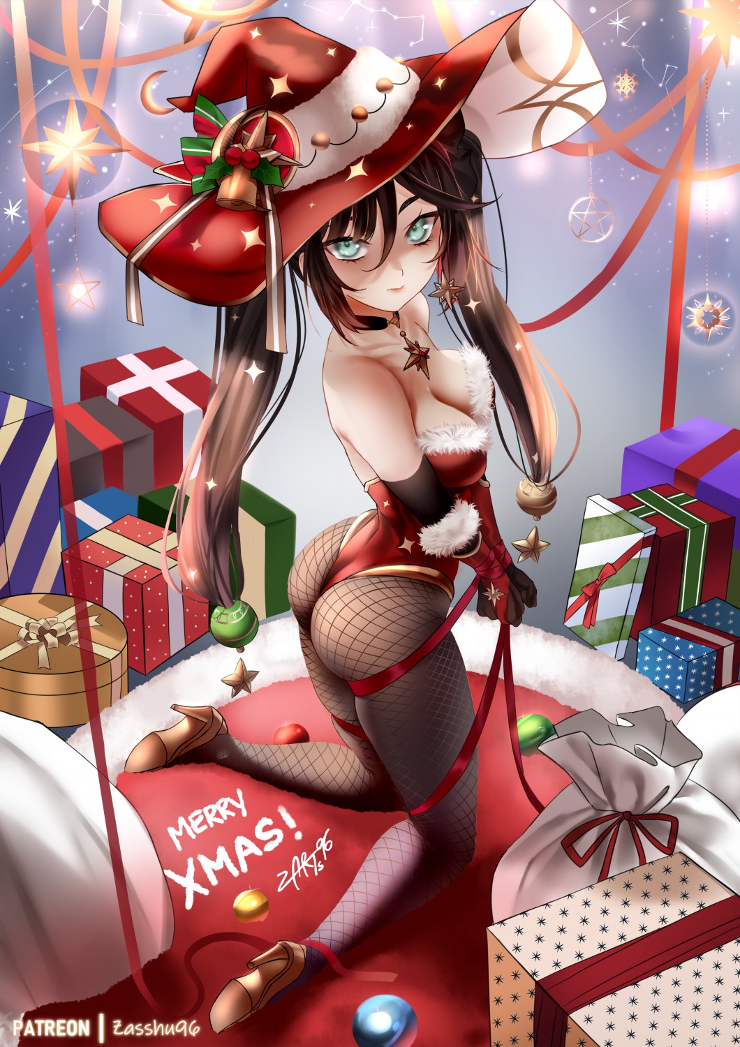 1girl ass bare_shoulders black_gloves black_hair bodystocking box breasts christmas detached_sleeves elbow_gloves fishnet_legwear fishnets genshin_impact gift gift_box gloves gold_trim green_eyes hat high_heels highleg highleg_leotard highres kneeling leotard long_hair looking_at_viewer medium_breasts mona_(genshin_impact) pantyhose red_headwear red_leotard twintails witch_hat zasshu