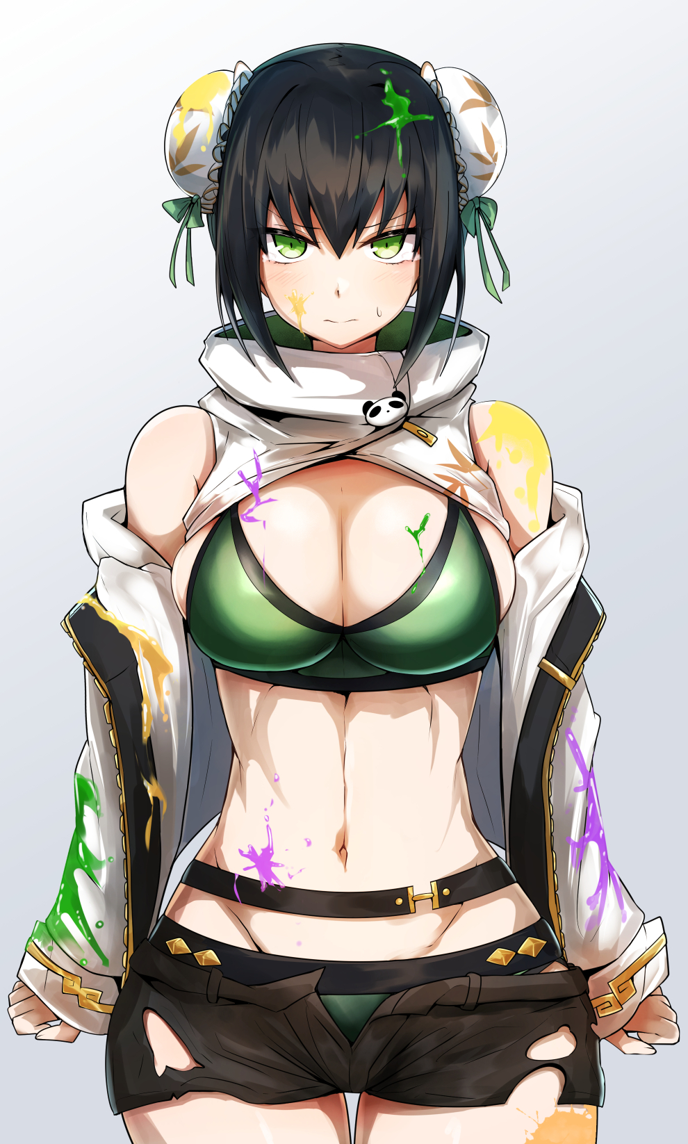 1girl bikini bikini_under_clothes black_hair breasts bun_cover chainsaw_of_the_dead double_bun fate/grand_order fate_(series) gin_moku gradient gradient_background green_eyes highres large_breasts off-shoulder_jacket paint_splatter qin_liangyu_(fate) short_shorts shorts swimsuit torn_clothes torn_shorts