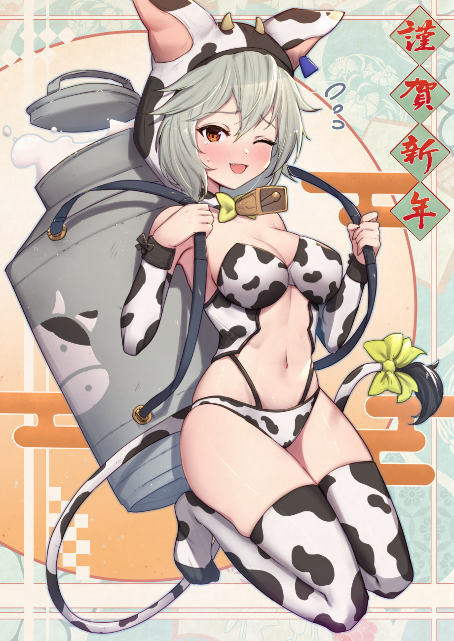 1girl ;d animal_hood animal_print armpits bare_shoulders bell bikini bow bowtie breasts carrying chinese_zodiac choker cow_hood cow_print cow_tail cowbell detached_sleeves egasumi fang granblue_fantasy grey_hair hands_up happy_new_year highres hood kneeling long_sleeves looking_at_viewer medium_breasts midriff milk navel new_year one_eye_closed open_mouth orange_eyes sen_(granblue_fantasy) short_hair smile solo stomach sweatdrop swimsuit tail tail_bow tail_ornament thigh-highs thighs uneg white_bikini white_legwear year_of_the_ox zodiac
