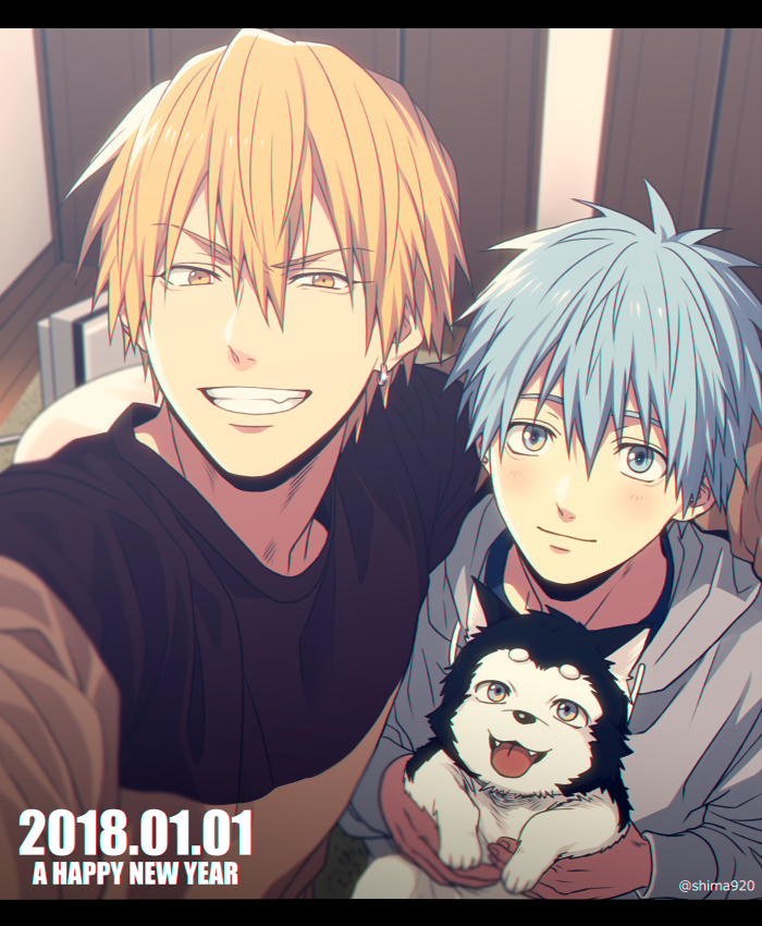 2boys :d animal bangs black_shirt blonde_hair blue_eyes blue_hair blurry blush brown_shirt casual closed_mouth commentary_request dated depth_of_field dog drawstring english_text fangs grey_eyes grey_hoodie grin hair_between_eyes happy_new_year holding holding_animal holding_dog hood hood_down hoodie indoors jewelry kise_ryouta kuroko_no_basuke kuroko_tetsuya letterboxed long_sleeves looking_at_viewer male_focus mashima_shima multiple_boys new_year open_mouth puppy reaching_out self_shot shirt short_hair single_earring smile teeth tetsuya_ni_gou tongue tongue_out twitter_username two-tone_shirt upper_body