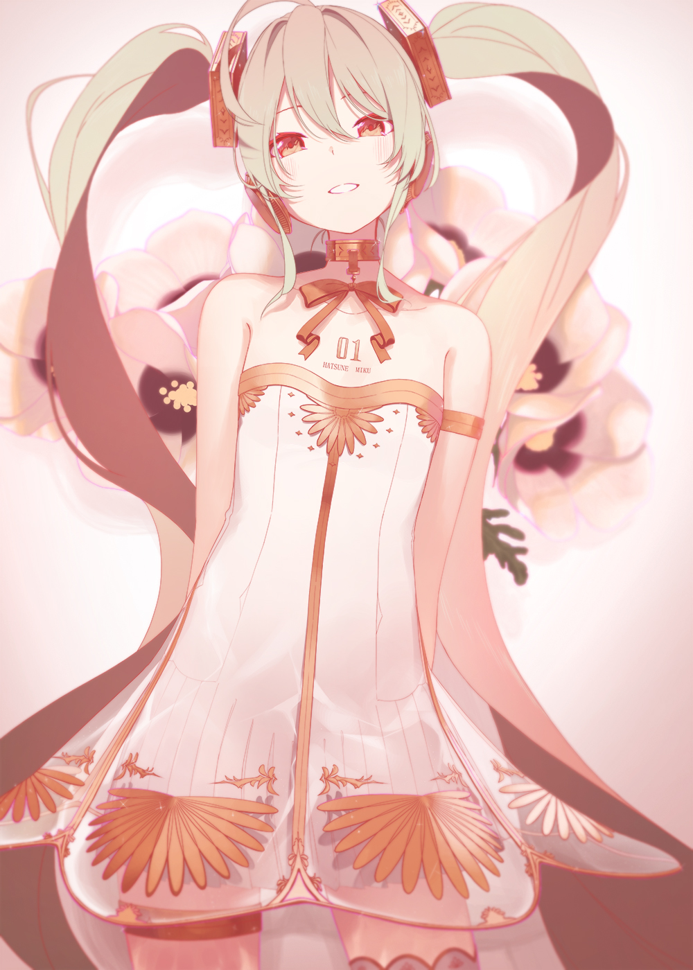 1girl arms_behind_back ballet_dress bare_shoulders character_name chest_tattoo chinese_commentary collar commentary dress floral_background floral_print gold_trim green_hair grin hair_ornament hatsune_miku highres long_hair looking_at_viewer miku_symphony_(vocaloid) neck_ribbon ribbon see-through_dress smile strapless strapless_dress tattoo thigh-highs twintails very_long_hair vocaloid white_dress yaoku yellow_eyes