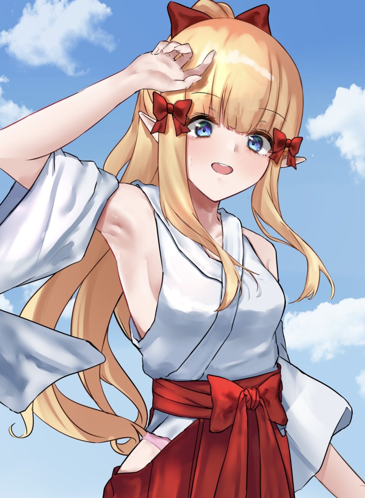 1girl bangs blonde_hair blue_eyes blush bow breasts elf eyebrows_visible_through_hair flower hair_bow hair_ornament highres large_breasts long_hair looking_at_viewer open_mouth pointy_ears ponytail princess_connect! princess_connect!_re:dive saren_(princess_connect!) smile solo yasushi_(n0t_0t4ku)