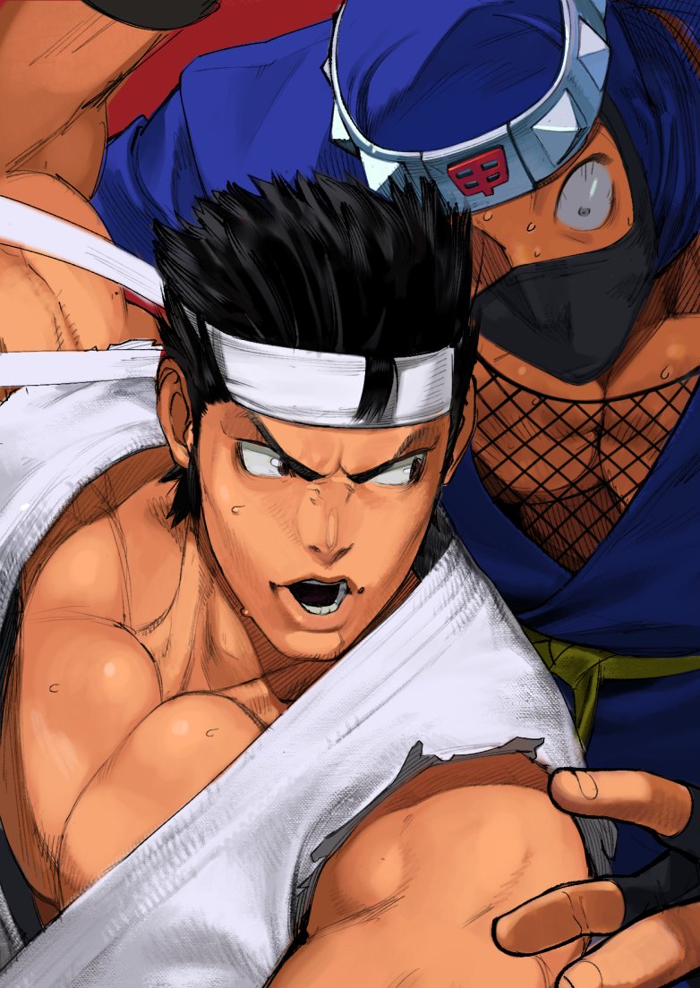 2boys black_hair close-up commentary covered_mouth dougi fighting fishnet_top headband kage-maru male_focus martial_arts mask mixed-language_commentary mouth_mask multiple_boys muscular ninja ninja_mask pectorals short_hair talez01 tetsuzankou virtua_fighter white_headband yuki_akira