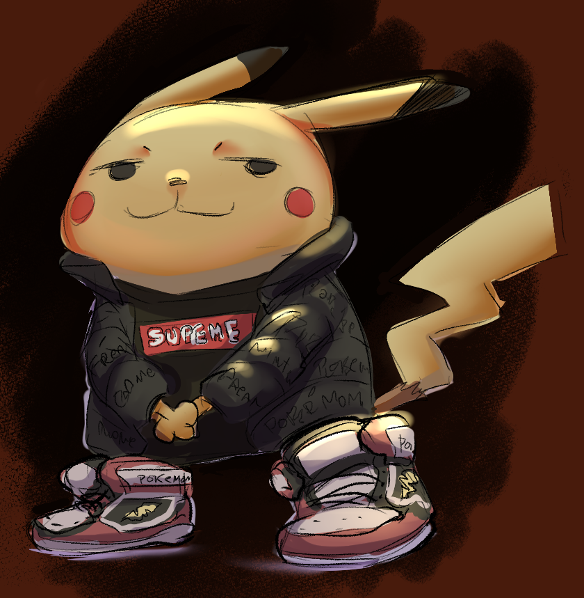 ambiguous_gender blush_stickers down_jacket english_text gen_1_pokemon half-closed_eyes hands_together jacket meme meme_attire open_clothes open_jacket pikachu pokemon shirt shoes sketch smile smug sneakers solo spicy_bardo supreme two-tone_background