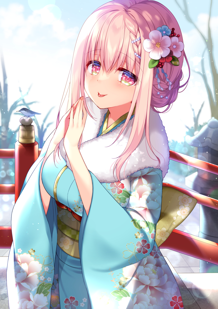 1girl bangs blue_kimono blurry blurry_background blush braid braided_bangs breasts bridge commentary_request day eyebrows_visible_through_hair floral_print flower fur-trimmed_kimono fur_trim hair_between_eyes hair_flower hair_ornament hair_up hands_together highres japanese_clothes kimono long_sleeves looking_at_viewer medium_breasts miharu_(ringo_sui) new_year obi original outdoors pink_eyes pink_hair ringo_sui sash sidelocks solo tongue tongue_out wide_sleeves