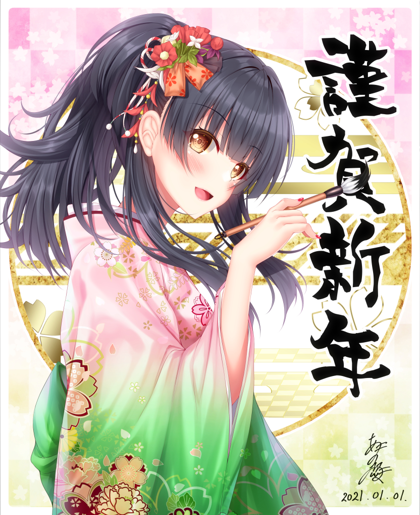 1girl :d bangs black_hair blush brown_eyes calligraphy_brush checkered checkered_background commentary_request dated eyebrows_visible_through_hair floral_print flower gradient_kimono green_kimono hair_flower hair_ornament hand_up holding holding_paintbrush idolmaster idolmaster_shiny_colors japanese_clothes kimono long_hair long_sleeves looking_at_viewer mayuzumi_fuyuko new_year open_mouth paintbrush pink_kimono ponytail print_kimono red_flower sidelocks smile solo translation_request white_flower wide_sleeves yunagi_amane