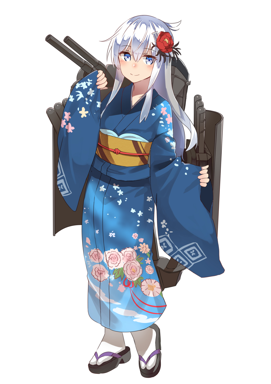 1girl bangs blue_eyes floral_print flower full_body hair_between_eyes hair_flower hair_ornament hibiki_(kantai_collection) highres japanese_clothes kantai_collection kimono long_hair long_sleeves mizuki_eiru_(akagi_kurage) new_year obi red_flower rigging sandals sash sidelocks silver_hair simple_background smile solo standing tabi white_background white_legwear wide_sleeves