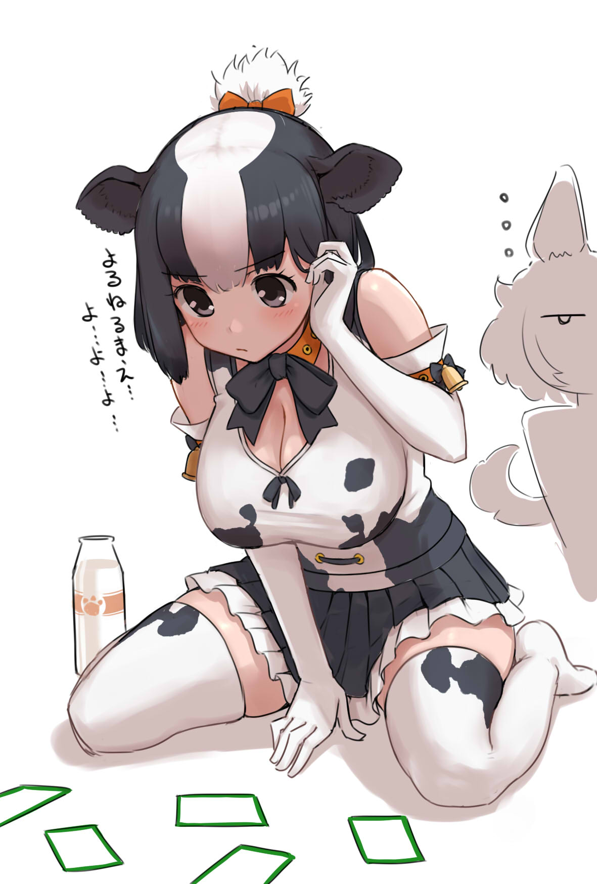 2girls animal_ears animal_print bare_shoulders black_hair black_neckwear black_skirt blush bottle bow bowtie collar commentary_request cow_ears cow_girl cow_print dhole_(kemono_friends) dog_ears dog_girl dog_tail elbow_gloves eyebrows_visible_through_hair frilled_skirt frills gloves grey_eyes hair_bow hair_bun hand_in_hair highres holstein_friesian_cattle_(kemono_friends) kemono_friends kemono_friends_3 milk_bottle multicolored_hair multiple_girls no_shoes orange_bow photo_(object) pleated_skirt print_gloves print_legwear print_shirt shirt short_hair silhouette sitting skirt sleeveless tail takebi tank_top thigh-highs translation_request two-tone_hair wariza white_hair zettai_ryouiki