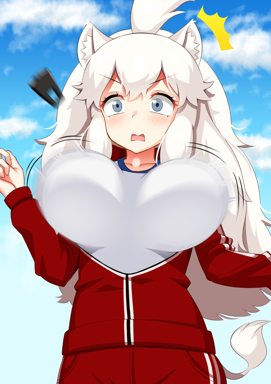 1girl animal_ears breasts bursting_breasts clouds cloudy_sky commentary_request d-frag! grey_eyes gym_uniform highres jacket kemono_friends large_breasts lion_ears lion_girl lion_tail long_hair open_mouth outdoors pants sky solo tail track_jacket track_pants track_suit washinomiya white_lion_(kemono_friends)