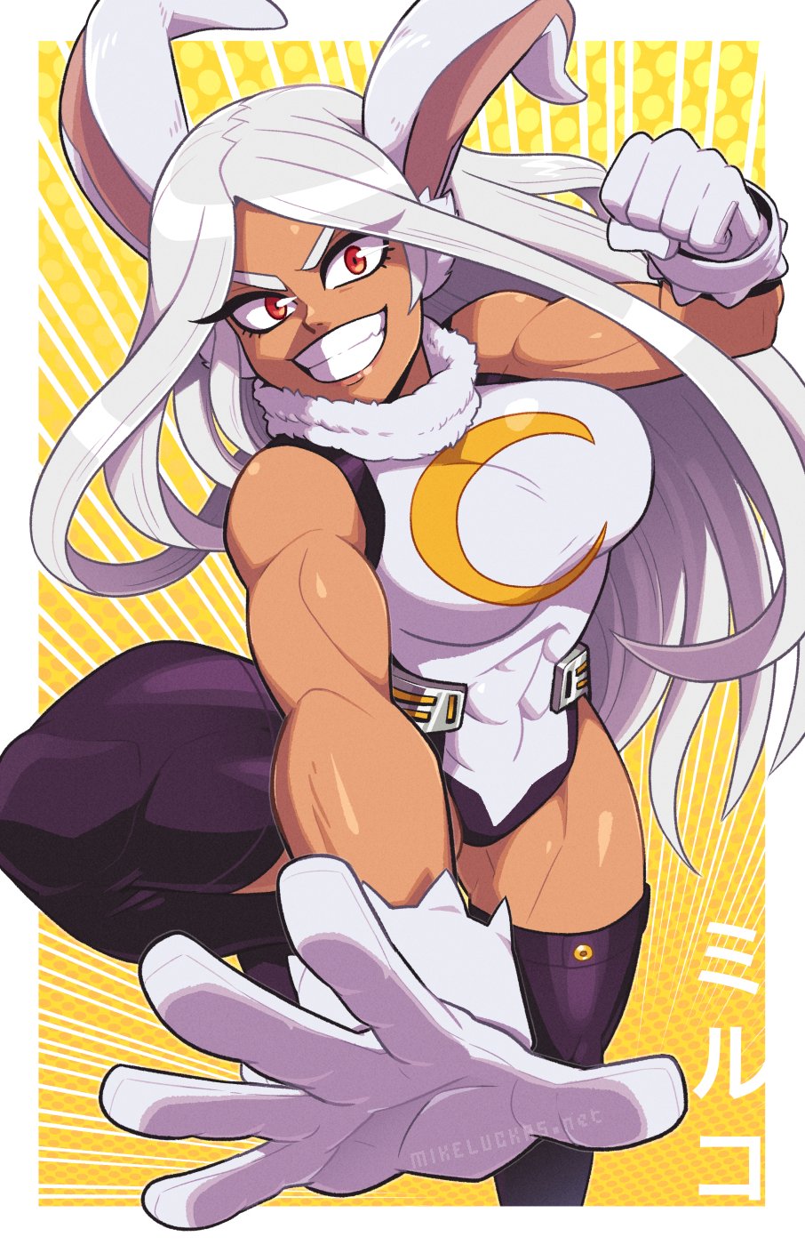 1girl abs animal_ears black_legwear boku_no_hero_academia clenched_hand dark_skin dark-skinned_female gloves halftone halftone_background highres leg_up leotard long_hair looking_at_viewer mike_luckas mirko muscular muscular_female parted_lips rabbit_ears rabbit_girl red_eyes sleeveless smile solo thigh-highs very_long_hair white_gloves white_hair white_leotard yellow_background