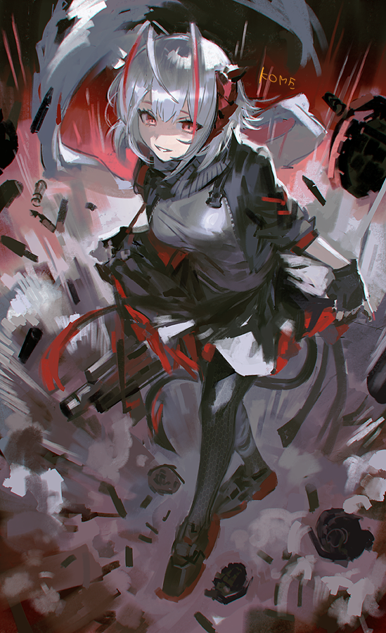 1girl antenna_hair arknights bangs black_gloves black_jacket black_legwear breasts demon_horns demon_tail explosion explosive fingerless_gloves frischenq gloves grenade grenade_launcher horns jacket medium_breasts multicolored_hair pantyhose red_eyes red_horns shaded_face shoes short_hair silver_hair smoke solo streaked_hair tail traditional_media w_(arknights) weapon