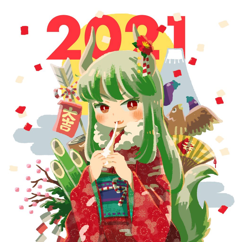 1girl 2021 alternate_costume arrow_(projectile) bamboo bangs bird blush bright_pupils commentary_request confetti ex-keine eyebrows_behind_hair fang green_hair horn_flower horn_ornament horns japanese_clothes jiageya_(atojian_keikaku) kamishirasawa_keine kimono long_hair looking_at_viewer mochi_trail multicolored_hair new_year red_eyes red_kimono ribbon sidelocks slit_pupils solo streaked_hair tail touhou upper_body v-shaped_eyebrows white_background white_pupils wide_sleeves