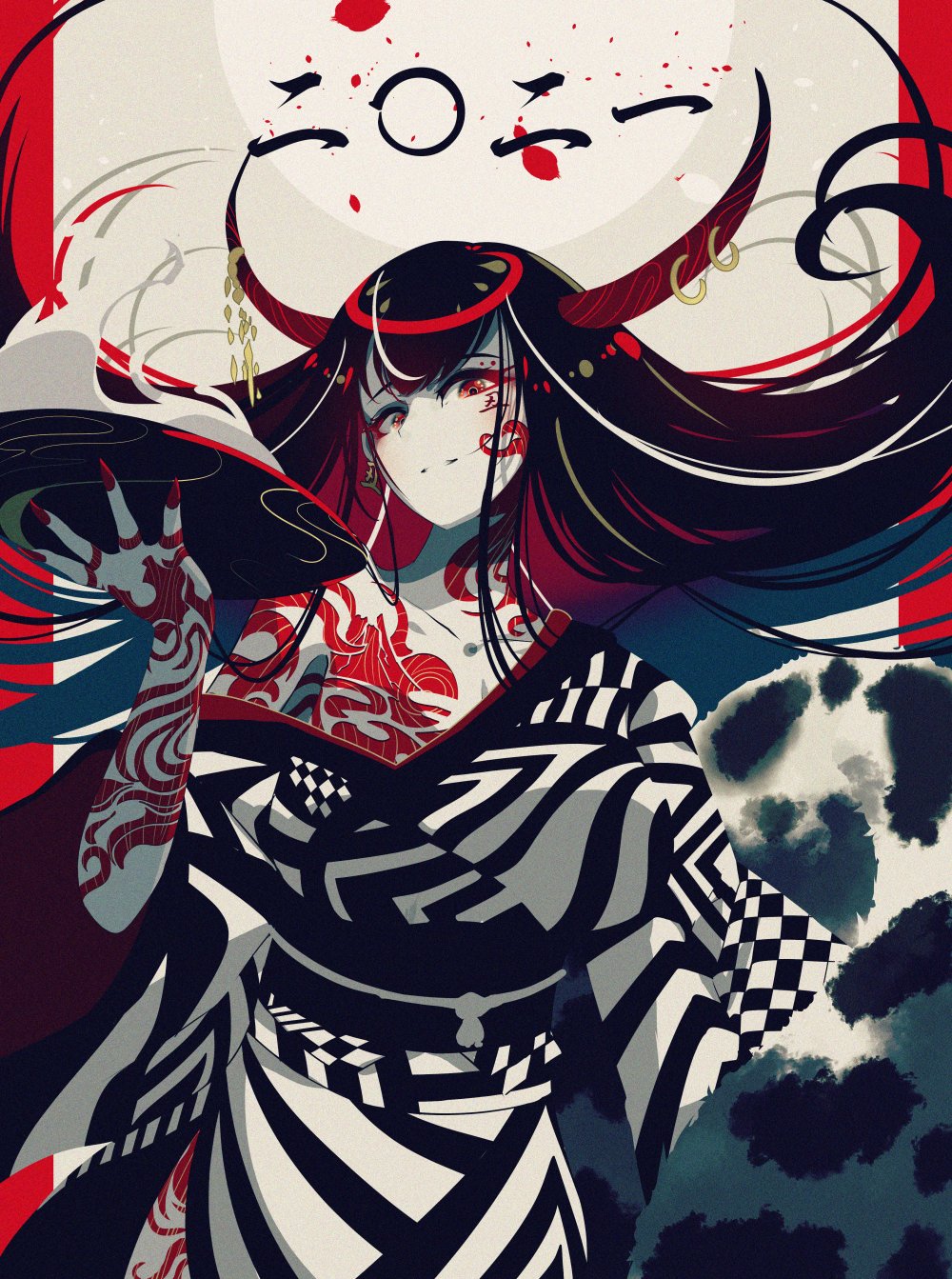 1girl berryverrine black_hair earrings fingernails floating_hair highres holding horns japanese_clothes jewelry kimono looking_at_viewer off_shoulder original parted_lips print_kimono red_eyes red_nails shadow sharp_fingernails smile solo tattoo upper_body