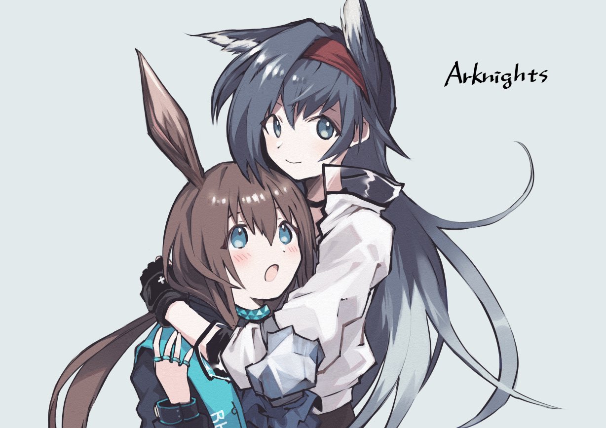 2girls amiya_(arknights) animal_ears arknights black_gloves black_hair black_jacket blaze_(arknights) blue_eyes blush brown_hair cat_ears closed_mouth copyright_name fingerless_gloves fuco gloves hair_between_eyes hairband hand_up height_difference hug infection_monitor_(arknights) jacket jewelry long_hair looking_at_another looking_at_viewer multiple_girls multiple_rings necklace open_mouth rabbit_ears red_hairband ring simple_background smile upper_body very_long_hair white_jacket yuri