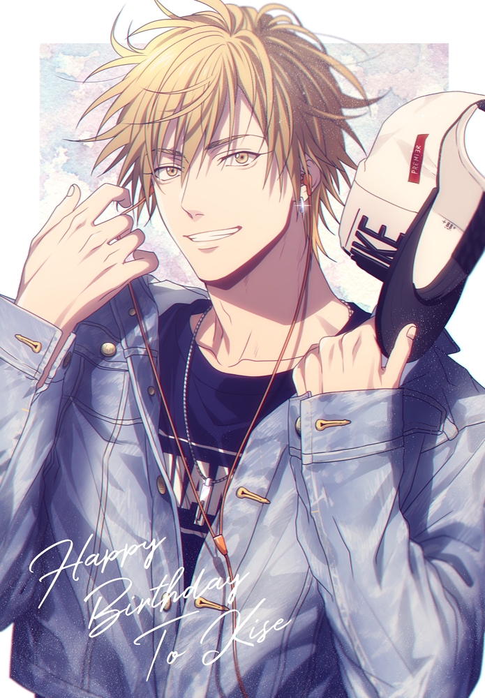 1boy bangs baseball_cap black_shirt blonde_hair blue_jacket border cable casual character_name clothes_writing collarbone commentary_request denim denim_jacket earphones earrings english_text fingernails floating_hair glint grin hair_between_eyes hands_up happy happy_birthday hat headwear_removed holding holding_clothes holding_hat jacket jewelry kise_ryouta kuroko_no_basuke looking_at_viewer male_focus mashima_shima necklace nike open_clothes open_jacket outside_border parted_lips shirt short_hair smile solo teeth twitter_username upper_body white_border white_headwear wind yellow_eyes