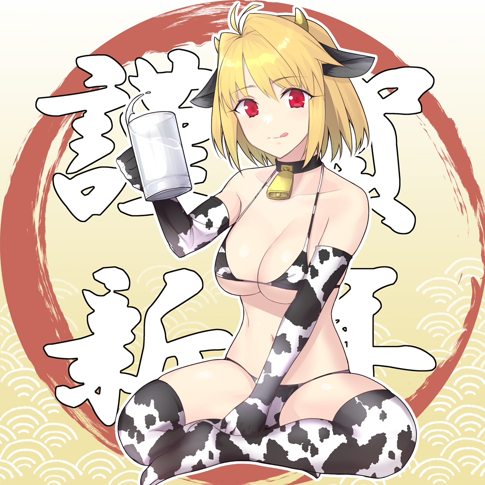 1girl animal_costume animal_ears animal_print apo_(apos2721) arcueid_brunestud bangs bell bell_collar bikini blonde_hair blush breasts chinese_zodiac collar collarbone cow_costume cow_ears cow_girl cow_horns cow_print cowbell elbow_gloves gloves hair_intakes horns indian_style large_breasts licking_lips looking_at_viewer milk navel new_year red_eyes short_hair sitting smile solo swimsuit thigh-highs tongue tongue_out tsukihime year_of_the_ox