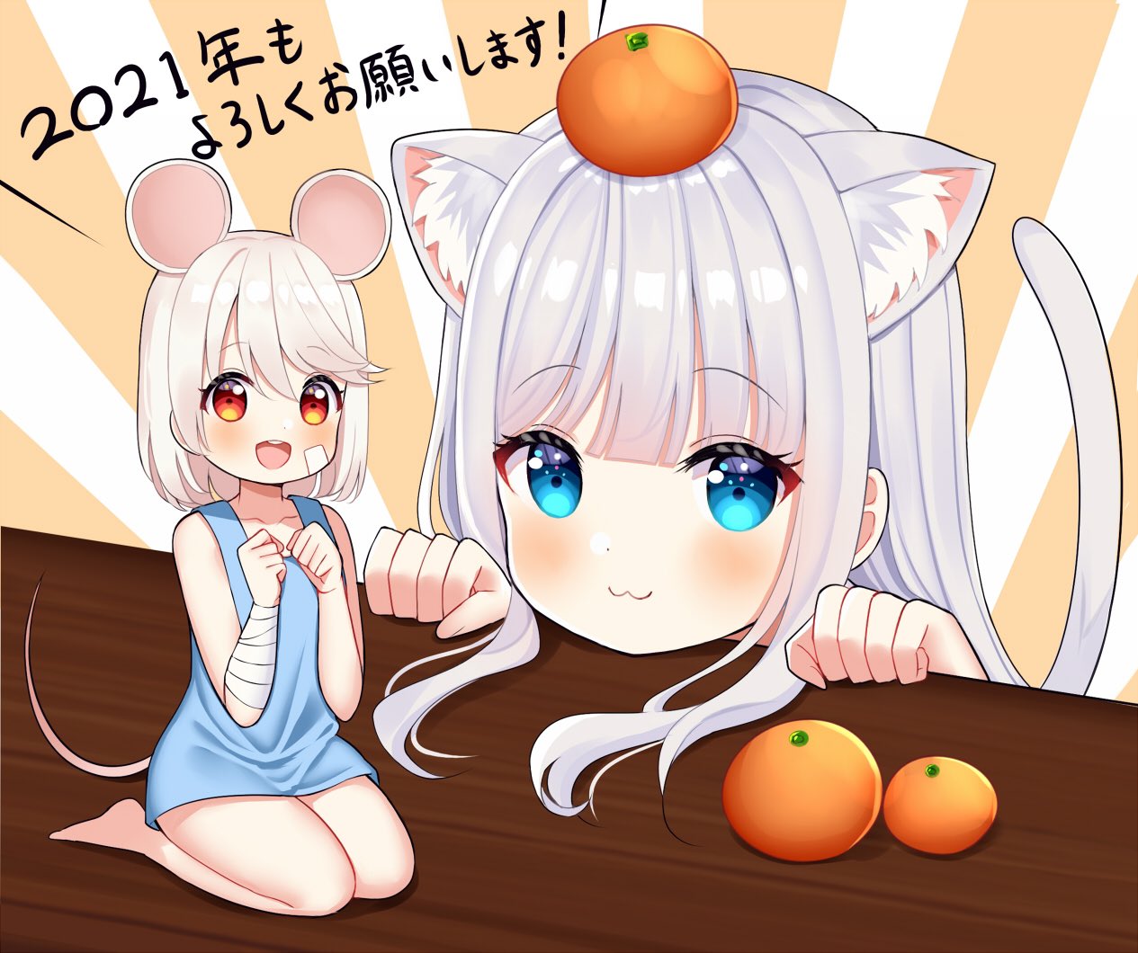 2021 2girls :3 :d animal_ear_fluff animal_ears bandaged_arm bandages bangs bare_shoulders barefoot blue_eyes blue_shirt cat_ears cat_girl cat_tail closed_mouth collarbone commentary_request face food food_on_head fruit fruit_on_head grey_hair long_hair looking_at_viewer mandarin_orange medium_hair mizukoshi_(marumi) mouse_ears mouse_girl mouse_tail multiple_girls object_on_head open_mouth original red_eyes seiza shirt sitting smile tail translation_request upper_teeth