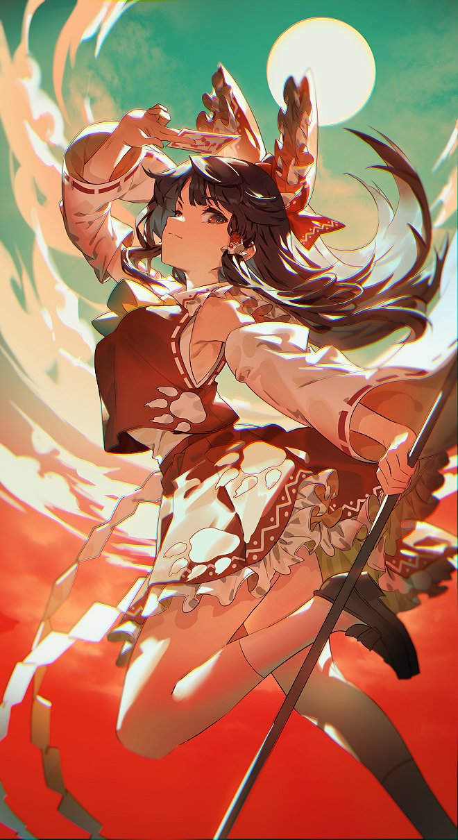 1girl arm_up armpits ascot bow brown_eyes brown_hair calf_socks chromatic_aberration closed_mouth clouds commentary_request detached_sleeves eyebrows_visible_through_hair hair_bow hair_tubes hakurei_reimu highres holding leg_up long_hair looking_at_viewer nontraditional_miko ofuda paw_print sidelocks sideways_glance socks solo touhou uu_uu_zan yellow_neckwear