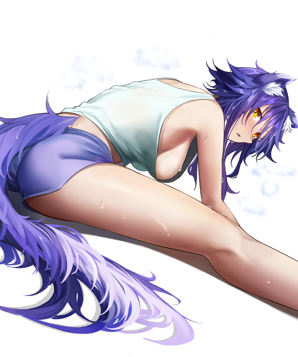 1girl animal_ear_fluff animal_ears blush breasts highres large_breasts looking_at_viewer looking_back makoto_(princess_connect!) no_bra princess_connect! princess_connect!_re:dive purple_hair purple_shorts short_hair shorts sideboob simple_background solo sweat tail usagits_00 white_background wolf_ears wolf_girl wolf_tail yellow_eyes