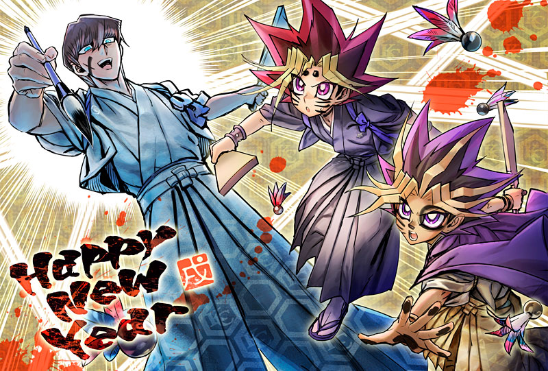 3boys alternate_costume bangs black_hair black_kimono blue_eyes bodypaint brown_hair english_text facepaint feet_out_of_frame happy_new_year holding holding_staff japanese_clothes kaiba_seto kimono looking_at_another multiple_boys mutou_yuugi na222222 new_year open_mouth paintbrush parted_bangs pink_hair staff tagme yami_yuugi yu-gi-oh! yu-gi-oh!_the_dark_side_of_dimensions