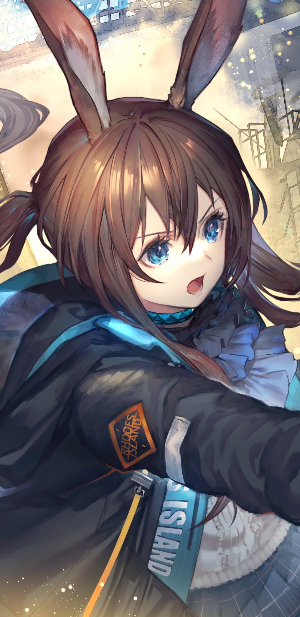 1girl amiya_(arknights) animal_ears arknights black_coat blue_eyes blue_neckwear blue_skirt brown_hair clothes_writing coat commentary cowboy_shot cravat eyelashes highres hooded_coat infection_monitor_(arknights) long_hair miniskirt open_clothes open_coat open_mouth plaid plaid_skirt rabbit_ears shirt skirt solo twintails umiu_geso white_shirt