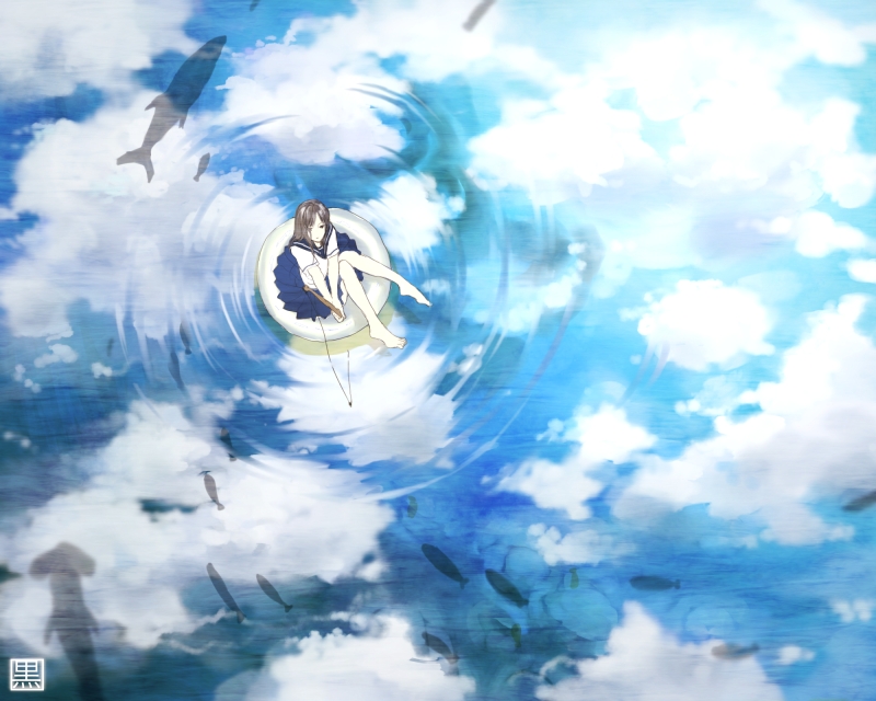 1girl artist_name barefoot brown_hair clouds fish fishing fishing_rod floating innertube kurohal long_hair looking_up original reflection school_uniform serafuku shark skirt solo water